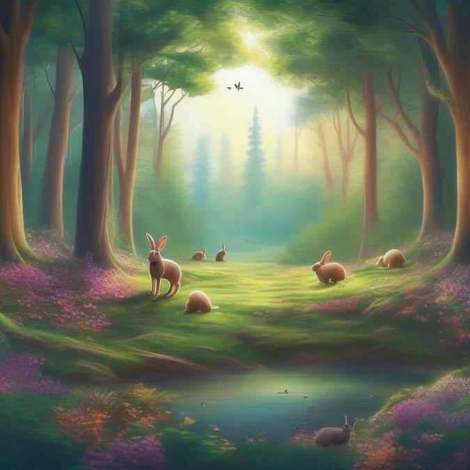 Rabbits congregate in a peaceful forest setting, with lush greenery, soft light, and a tranquil path.