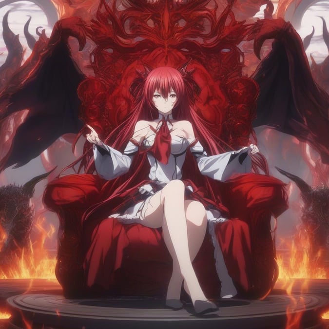 This anime character embodies the mystique of a dark fantasy world, seated on a throne surrounded by fiery dragons. The image captures her intense gaze and the intricate details in the armor.