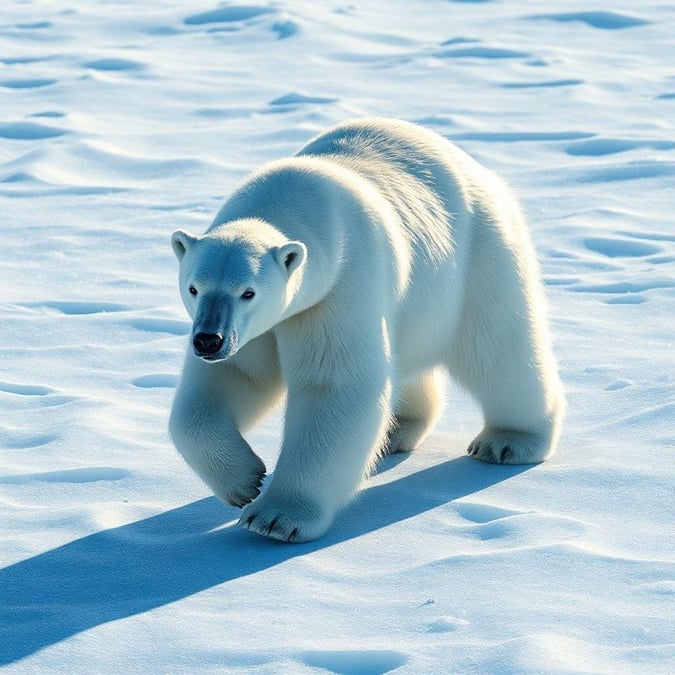 This stunning wallpaper features a majestic polar bear walking in the snow, capturing the beauty and serenity of the Arctic landscape.