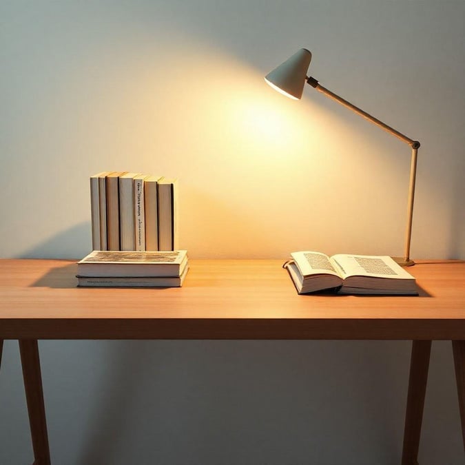 A serene study setup with a desk lamp and two books, creating a calm ambiance for focused work or quiet reading.