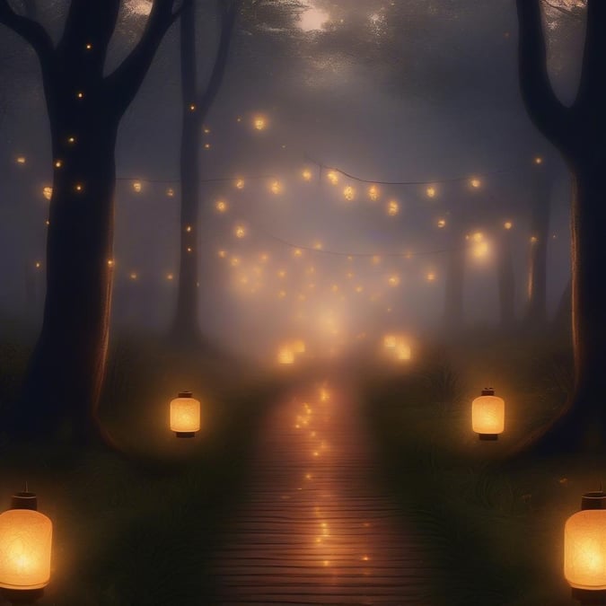 A magical pathway, lit by hundreds of glowing lanterns, leads the way through a misty forest on this enchanting night of Diwali celebration.