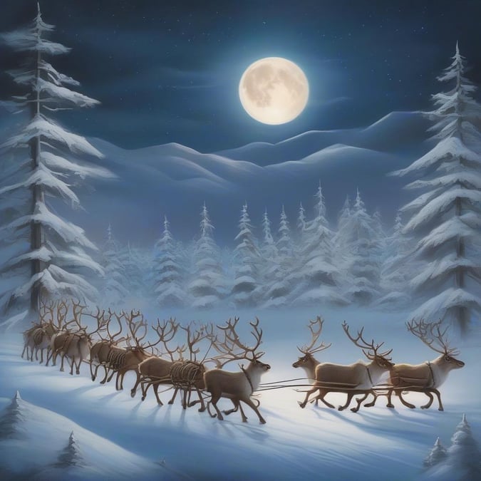 A serene winter scene featuring a full moon, reindeer, and a snow-covered forest.