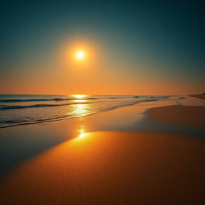 A serene view of the beach as the sun dips below the horizon, leaving a beautiful sky in its wake. A tranquil setting for relaxation and reflection.