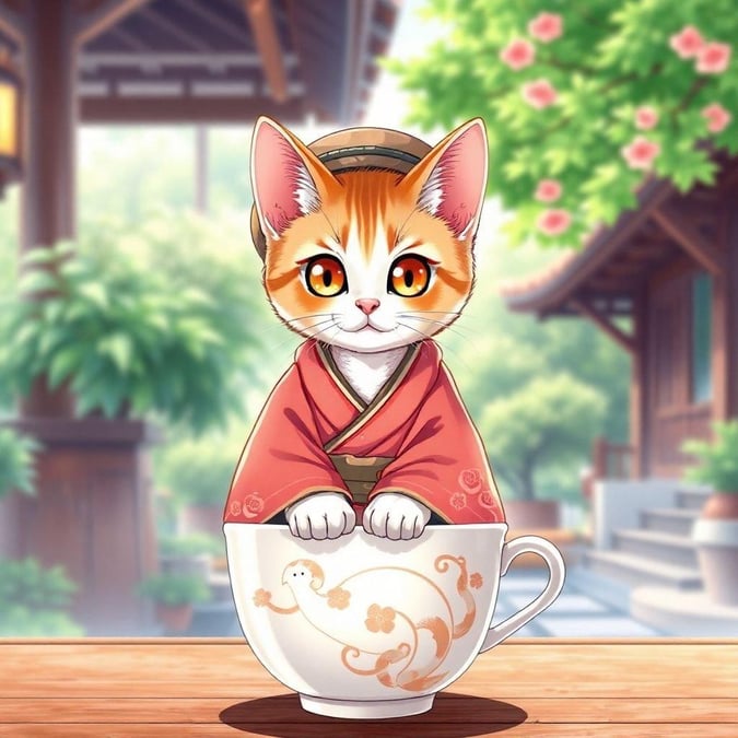 Denne bedårende anime-illustration viser en kat klædt i en traditionel japansk kimono og hat, siddende på en matchende keramikkop. Kattens varme orange øjne ser direkte på beskueren og skaber en følelse af forbindelse og charme. Baggrunden er en fredelig have med traditionelle træstrukturer, der tilføjer dybde og ro til scenen. Dette billede er perfekt til fans af anime og japansk kultur og ville være et fantastisk supplement til ethvert rum.