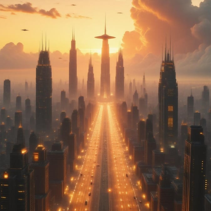 Immerse yourself in the vibrant world of anime with this stunning cityscape wallpaper, where futuristic skyscrapers and flying cars come alive at sunset.