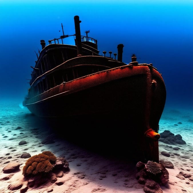 The image shows a shipwreck on the ocean floor, with the sun shining down on it. The ship is covered in coral and anemones, and there are fish swimming around it.