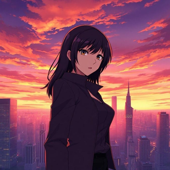 The anime character gazes out over the bustling city under a beautiful sky. A sense of calm amidst the urban hustle.