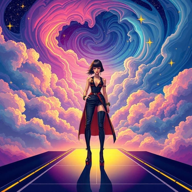 This artwork showcases the blend of futurism and fashion. The protagonist stands confidently in a futuristic outfit, with vibrant colors and abstract patterns that represent the fusion of technology and style.