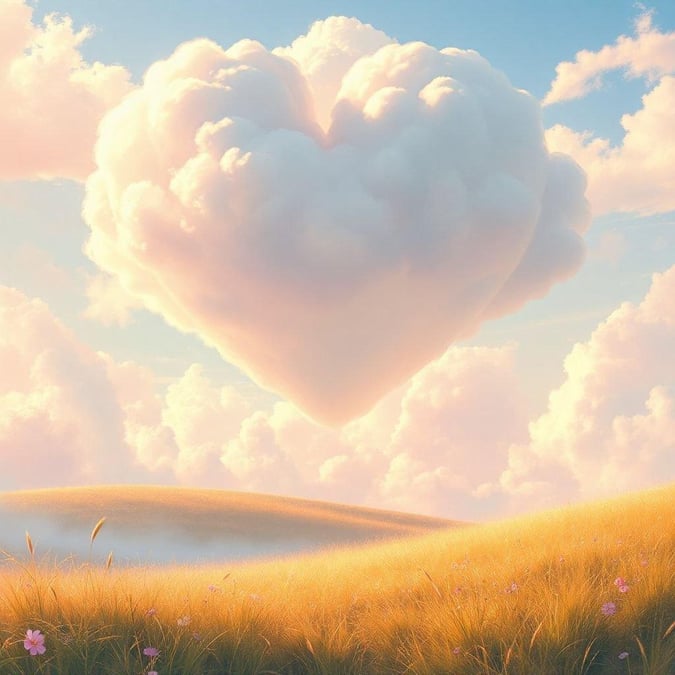 Celebrate Valentine's Day with this beautiful wallpaper featuring a heart-shaped cloud in a field of golden wheat.