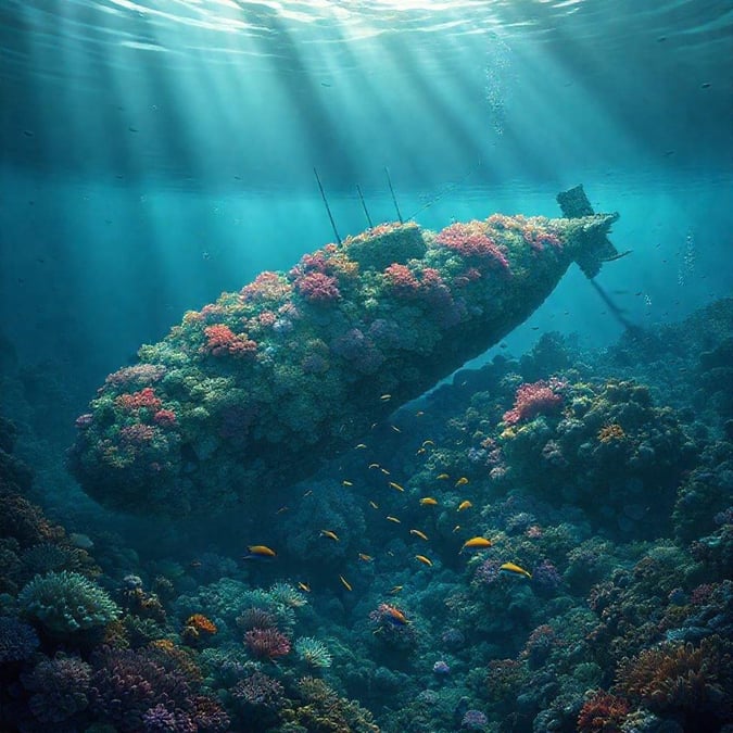 Explore the depths with this stunning submarine, surrounded by a vibrant coral reef. Dive into the world beneath the waves and discover an underwater paradise teeming with life.