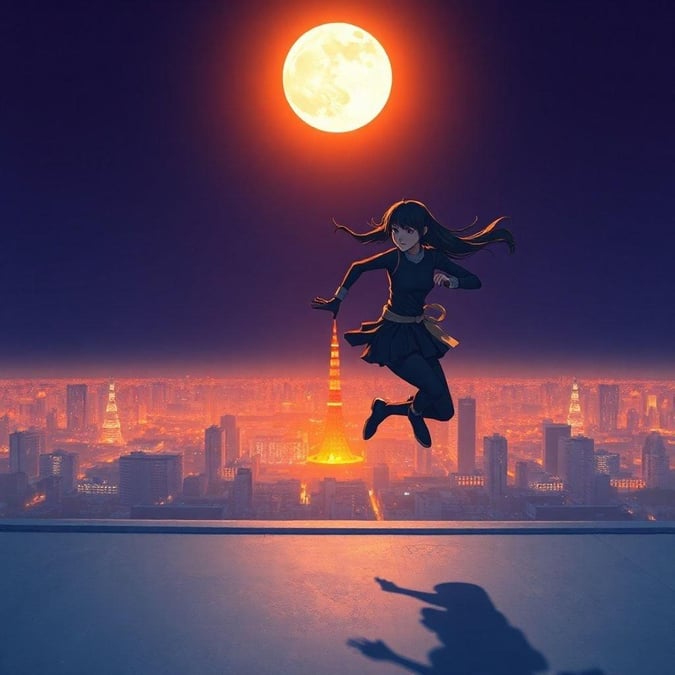 This anime-style illustration captures a lone ninja sprinting across a moonlit rooftop, set against the vibrant backdrop of Tokyo's skyline.