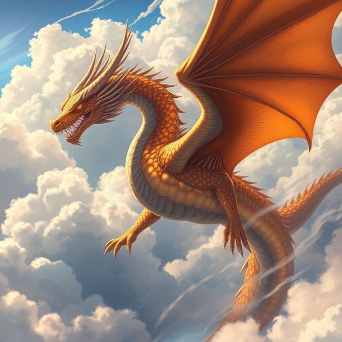 This stunning wallpaper features a majestic dragon soaring through the sky, surrounded by fluffy white clouds. The perfect blend of fantasy and adventure, this image is sure to transport you to a world of wonder.