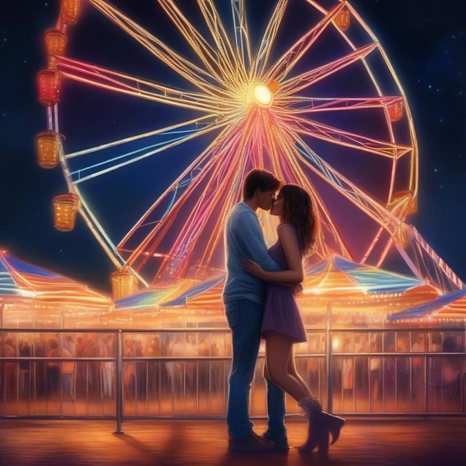 A young couple sharing a romantic moment at the carnival, surrounded by lights and the excitement of the fair.