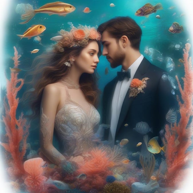 Celebrate the beauty and love of ocean life with this stunning illustration featuring a bride and groom embracing in an underwater paradise. The image is a perfect wallpaper for those who appreciate the elegance of marine life and cherish the spirit of love.