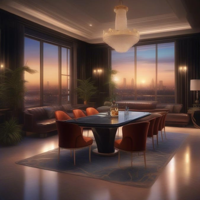 This luxurious living room boasts a stunning city skyline view at sunset, creating a warm and inviting atmosphere perfect for relaxation and entertainment.