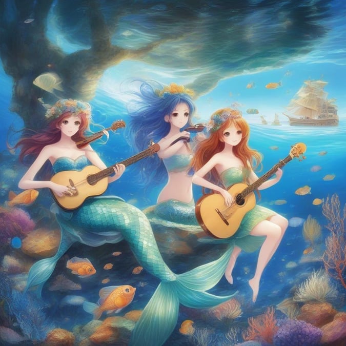 This image captures a whimsical scene of three magical mermaids playing musical instruments under the sea. They are dressed in vibrant blue and white outfits, each with unique fish-like tails that add to their charm. The background is a serene deep blue ocean, complete with a small boat floating on the surface and a large tree trunk growing from beneath. A light source illuminates the scene from above, casting a warm glow over the mermaids and the surrounding environment.