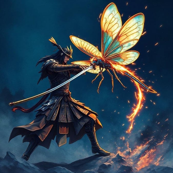 This captivating anime illustration showcases a samurai warrior engaged in an epic battle with a majestic dragonfly, set against a deep blue background that adds depth and mystery to the scene.