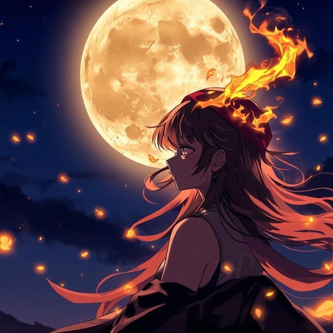 This captivating anime wallpaper features a young girl with long hair and a sleeveless top, standing under the radiant glow of a full moon. The image is set against a dark blue sky, with a swarm of fireflies surrounding her and small flames emanating from the moon.