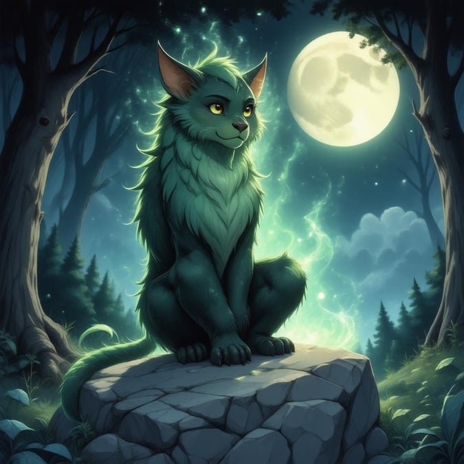 This enchanting anime wallpaper features a shamien, a mystical creature, sitting on a rock in a forest under the moonlit night sky. The rich green fur of the creature contrasts beautifully with the dark forest, creating a captivating scene.