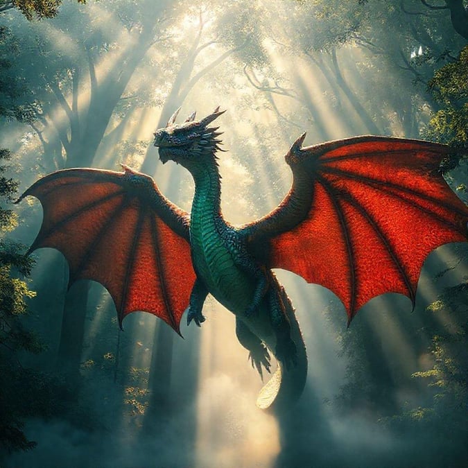 Explore the enchanting realm of a dragon amidst the ancient forest. This breathtaking wallpaper brings fantasy to life with its stunning depiction of a mythical creature standing tall under the sunlit canopy.