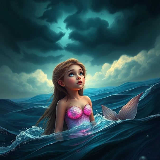 A young mermaid gazing at the sky, basking in the tranquility of her underwater world.