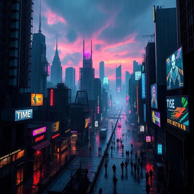 This futuristic scene captures the vibrancy of a city at night, where neon signs and advertisements light up the rainy streets. The buildings stretch towards a sky painted with hues of purple from an unusual sunrise or sunset event.