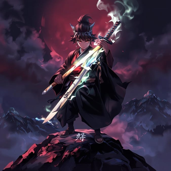 A young samurai stands atop a mountain, the glowing aura from his sword casting an ethereal light. The backdrop is a dark and misty sky with hazy mountains, evoking a sense of calm and adventure.