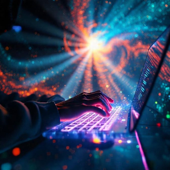 This image is a stunning wallpaper that showcases a person's hands typing on a keyboard with a neon glow, set against a backdrop of a cityscape at night. The vibrant colors and futuristic design make it a perfect fit for anyone who loves technology and innovation.