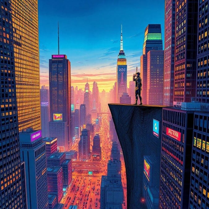 A heroic figure, embodying the spirit of comic legends, stands confidently atop a towering skyscraper overlooking a bustling metropolis. As day transitions to night, the city awakens with vibrant neon lights against a backdrop of urban skylines.