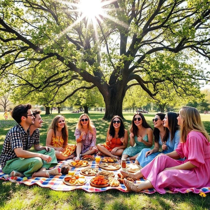 A group of friends enjoying a picnic in the park on a sunny day.