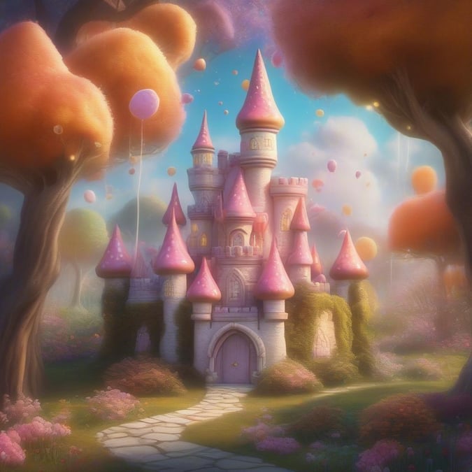 A fairy-tale castle, perfectly decorated with pink towers and bows, stands majestically in the heart of a magical forest. The clear blue sky is dotted with colorful Easter eggs floating gently, while whimsical mushrooms and trees add to the enchanting scene.