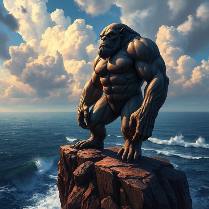 A muscular humanoid figure with a beard stands on a rocky outcrop overlooking the ocean, with waves crashing against the rocks below and a cloudy blue sky above.