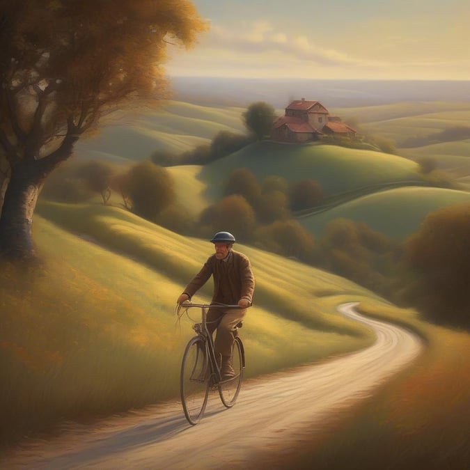 This serene image captures a tranquil moment on a winding dirt road through a picturesque rural landscape, likely within the Travel & Adventure category. The bike rider appears to be enjoying the solitude and the rhythmic motion of cycling along this idyllic path.