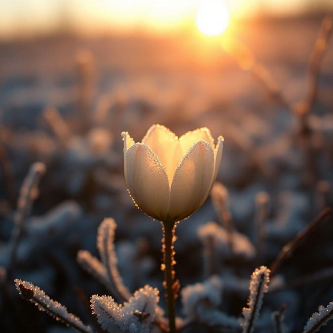 Experience the warmth of an evening sunrise as a single white flower blooms amidst winter's grip. A symbol of life's resilience and beauty in the coldest days.