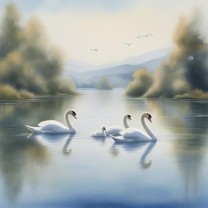 This serene scene captures the essence of nature, with swans gracefully floating down a calm lake. The surrounding trees add to the tranquil atmosphere, making this image perfect for those who appreciate natural beauty.