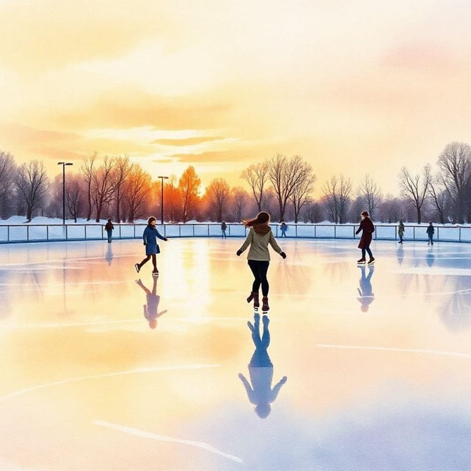 A group of children enjoying an ice skating session as the sun sets in the background.