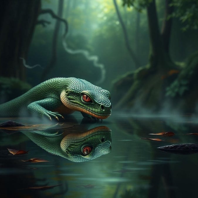 This image captures the enchanting essence of fantasy, featuring a majestic blue dragon lounging by a serene forest pond. The dragon's intricate scales and vibrant red eyes hint at its mythical nature. The water's surface mirrors the creature's reflection, adding a sense of tranquility to this mystical scene.