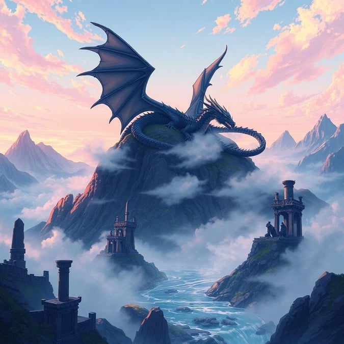 This anime-style illustration depicts a serene fantasy landscape, featuring a majestic dragon resting atop a mountain range, surrounded by misty clouds and ancient stone structures.