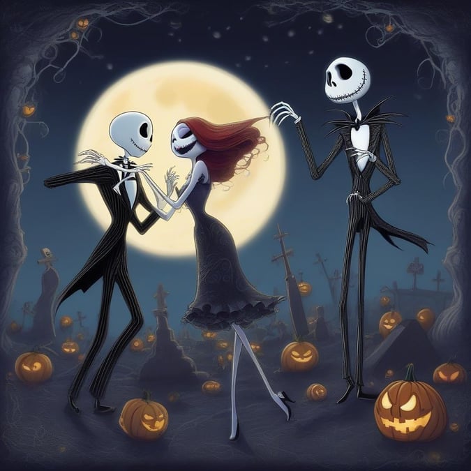 It's Halloween night in the world of 'The Nightmare Before Christmas'. Jack, Sally, and Zero are out for a spooky adventure on this festive evening. The image captures their delightful celebration with a backdrop of a bustling Halloween town filled with pumpkins and the silhouette of a full moon against a starry sky.