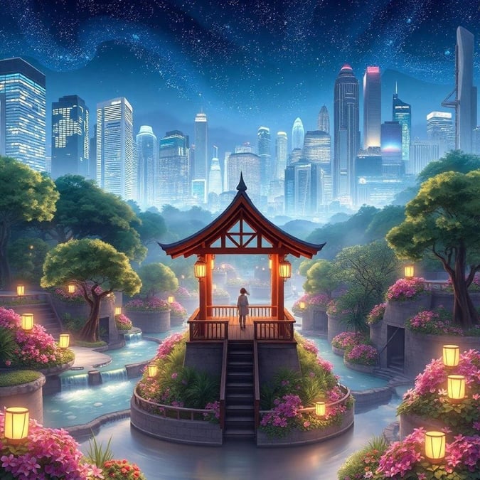 Immerse yourself in the tranquility of this anime-inspired garden oasis, nestled amidst the vibrant energy of a bustling cityscape at night. The multi-tiered garden, with its towering buildings and dynamic skyline, creates a striking contrast with the serene wooden pavilion at its center, inviting you to escape into a world of harmony and beauty.