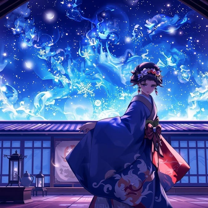 Tauchen Sie ein in die ruhige Schönheit einer Anime-Geisha, die unter einem von Sternen beleuchteten Baldachin in einem traditionellen Teehaus tanzt. Die elegante Pose der Geisha und der tiefblaue Hintergrund schaffen eine fesselnde Szene, die Ruhe ausstrahlt.