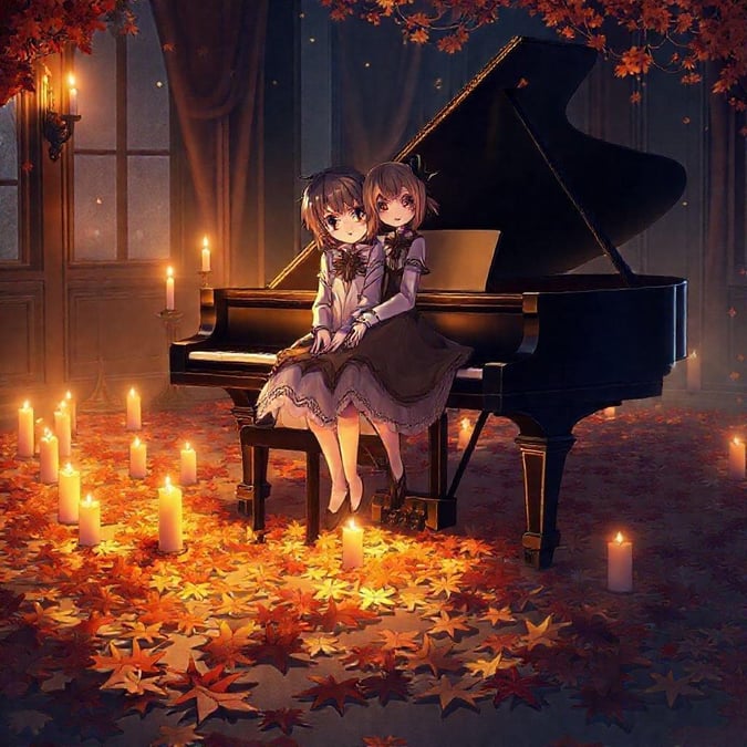 This wallpaper features two anime characters sitting on a piano bench in a romantic setting, surrounded by autumn leaves and candles. The image is perfect for fans of anime and romance, and would make a great addition to any computer or mobile device.