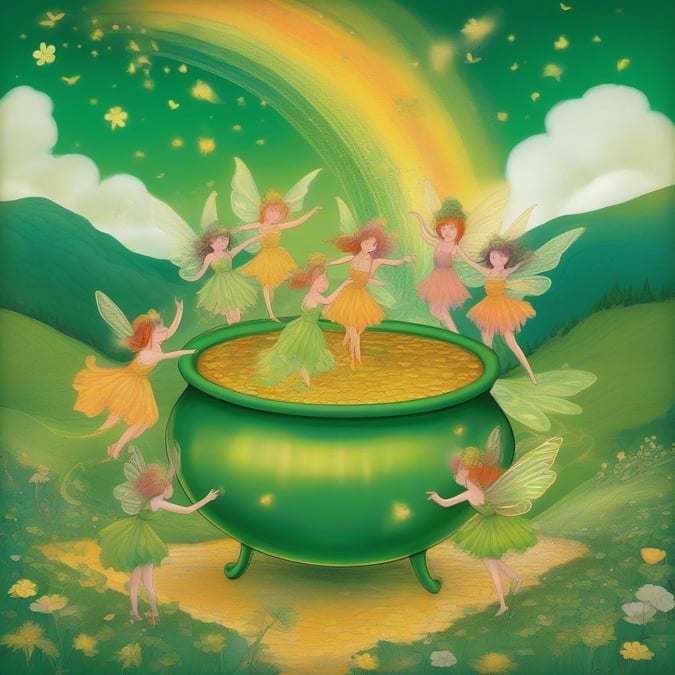 This wallpaper captures the magic and wonder of St. Patrick's Day with a group of fairies dancing around a pot of gold at the end of the rainbow. The fairies are dressed in green and yellow, the colors of the Irish flag, and are surrounded by shamrocks and other symbols of the holiday. The image is a playful and festive way to celebrate St. Patrick's Day.