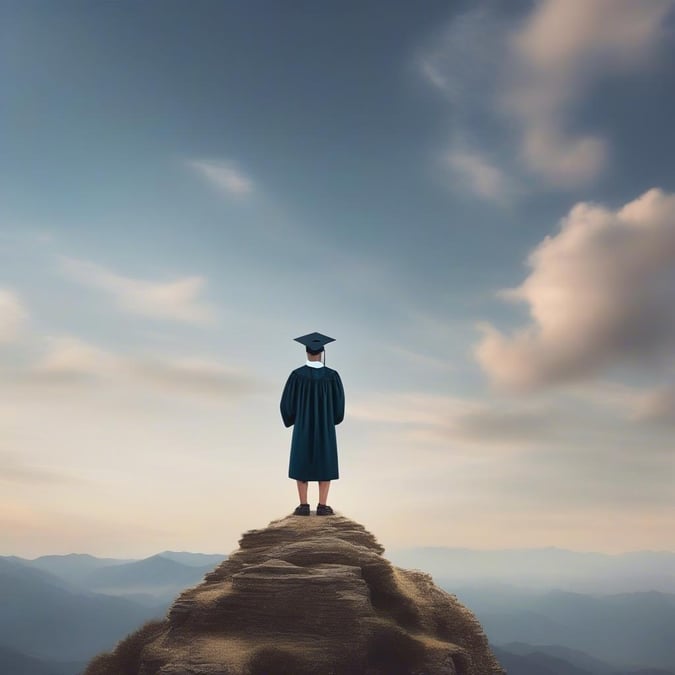 A young man in a graduation gown stands on a cliff, overlooking the mountains, symbolizing the culmination of years of hard work and dedication.