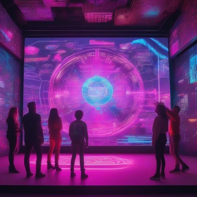 Vibrant neon lights illuminate a group of friends standing in front of an immersive wall-to-wall digital display. The pulsating glow and futuristic graphics evoke a sense of excitement and wonder, perfect for a cyberpunk-themed desktop or mobile wallpaper.