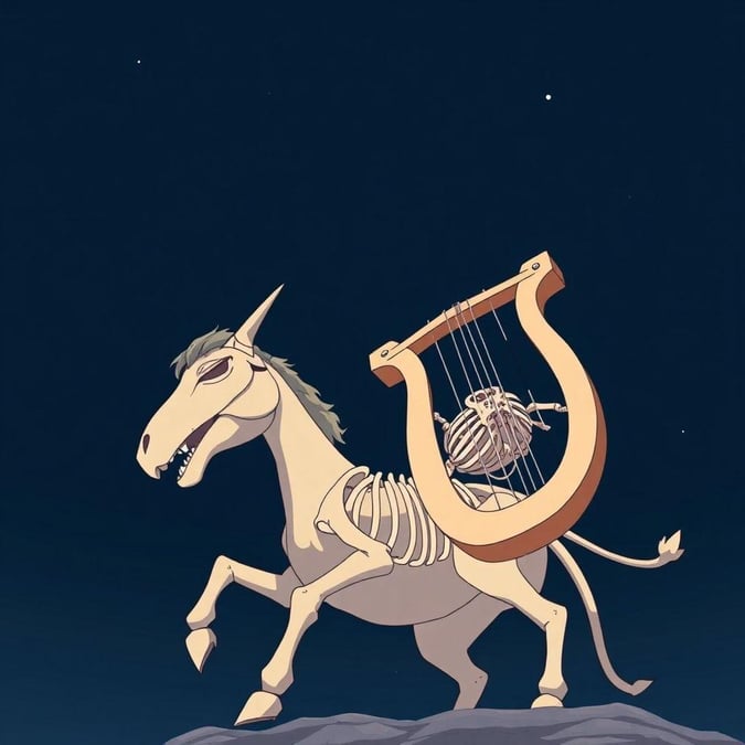 This anime wallpaper features a mythical centaur playing a lyre under the stars. The centaur is a small, enigmatic creature with a snout and a snout, with its head tilted down and its eyes closed, as if it's a baby. The lyre is a skeleton of a lion with a talons, and its mouth is open, showing its teeth. The lyre is a skeleton of a skeleton, with its front legs raised and its front feet pointing up. The lyre is a skeleton with a long tail, and it has a long tail that curves to the right. The lyre is a skeleton with a talons, and it has a long tail that is curved to the left. The background is a dark blue, with a few small white stars scattered around.