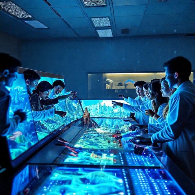 This image captures a group of people gathered around a large screen in a technology lab, showcasing their collaborative efforts and innovative spirit.