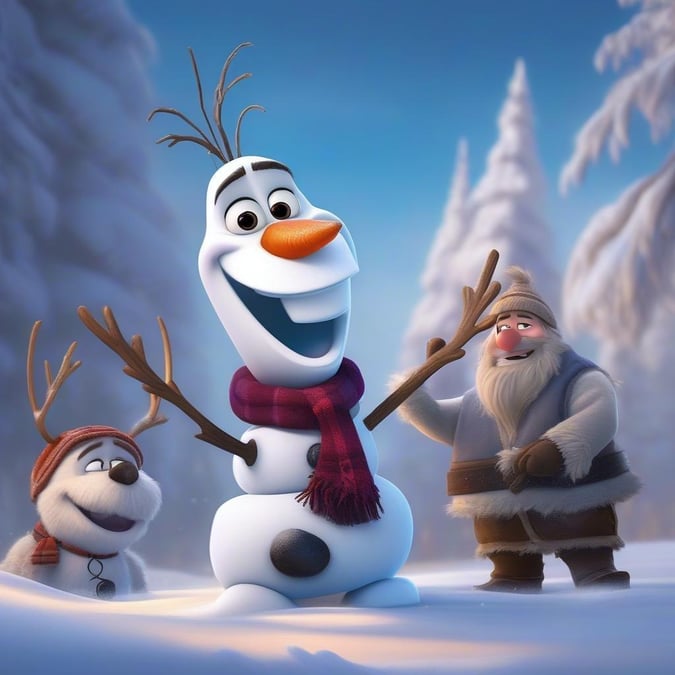 Join the beloved characters from Disney's Frozen in a magical winter wonderland. Snowman, Olaf, and Santa Claus are having a grand time amidst the snow-covered ground and pine trees. This festive wallpaper is perfect for your desktop or mobile device to bring a touch of the North Pole to your everyday life.