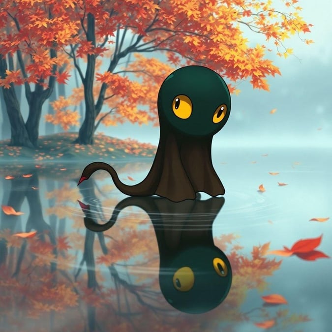 A captivating anime wallpaper featuring a small, enigmatic yurei with a long, flowing tail and a large, round head. The creature's dark green and brown body is outlined in black, with bright yellow eyes. The serene background showcases autumn leaves and trees, set against a light blue and gray backdrop.