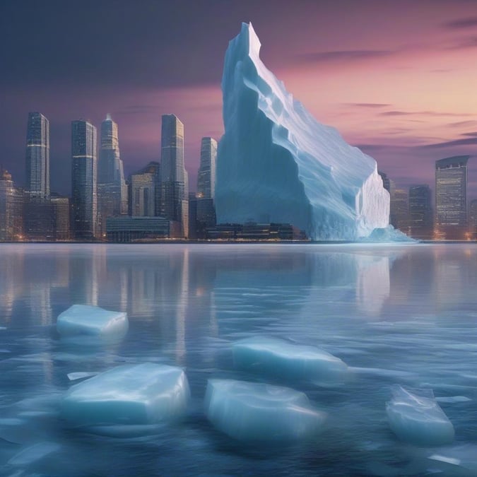 A futuristic city skyline with icebergs in the ocean, an abstract blend of urban life and natural beauty.